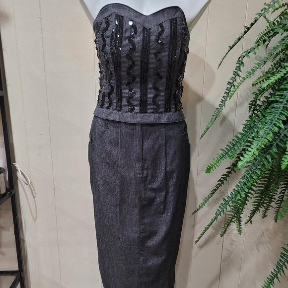 Howard Wolf Dresses & Skirts - Howard Wolf Denim Strapless Skirt Set Sequin Bustier Women’s Sz 8 Skirt Sz 6 Top